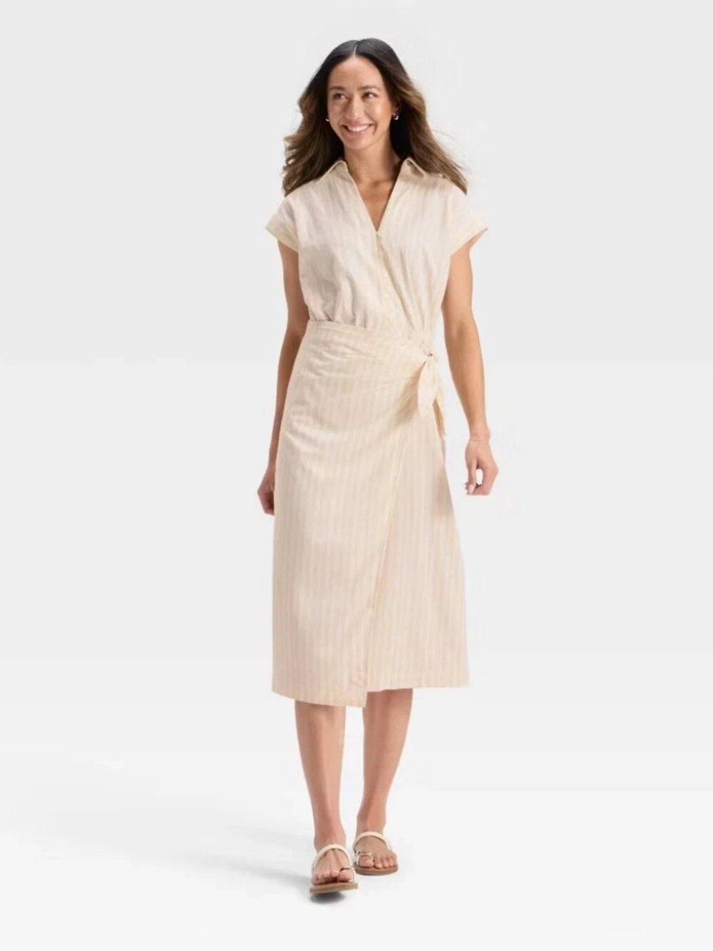 Women's Short Sleeve Wrap Waist Midi Shirtdress - Universal Thread™ Cream Stripe
